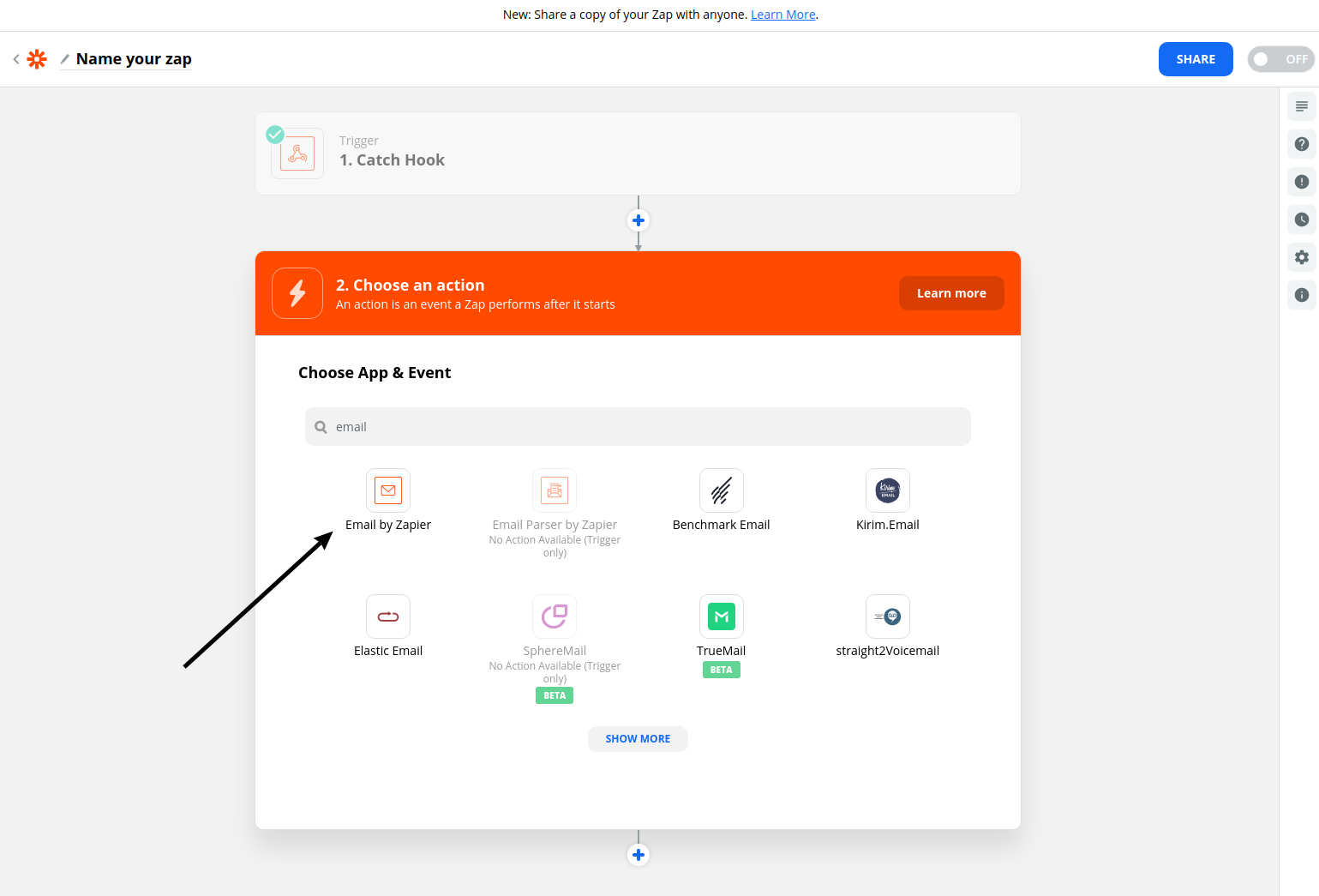 Selecting Zapier send email action
